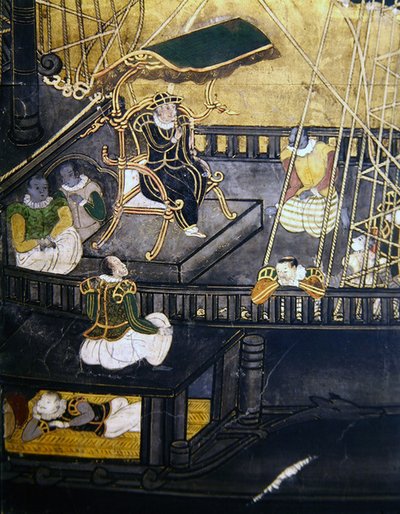 Portugisernas ankomst till Japan, detalj som visar män i den centrala delen av ett skepp, från en Namban Byobu-skärm, 1594-1618 av Japanese School