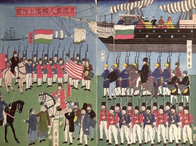 Ankomsten av Commodore Perrys skvadron till en japansk hamn 1853 (träblock i färg) av Japanese School