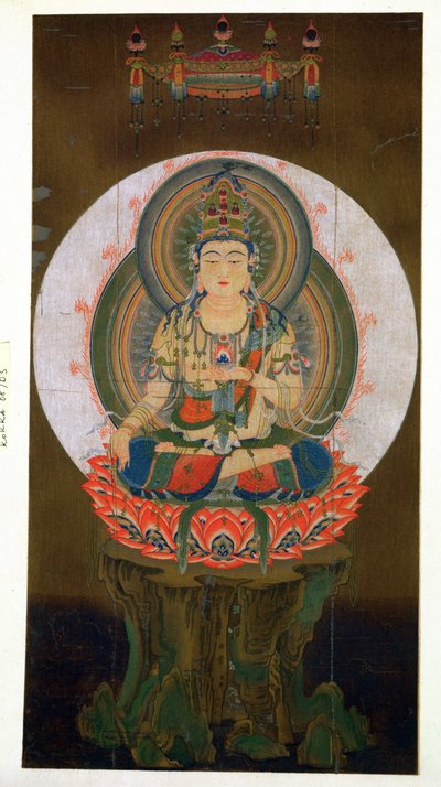 Bodhisattvan Akasharba håller Cintamani (önskegivande) juvelen i vänster hand och sitter på en lotus, illustration efter en kakemono från 800-talet från Daigo-templet, publicerad i Th av Japanese School
