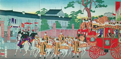 Kejsaren Mutsuhito (1852-1912) Återvänder till sitt palats i Tokyo, sent 1800-tal (trätryck i färg) av Japanese School
