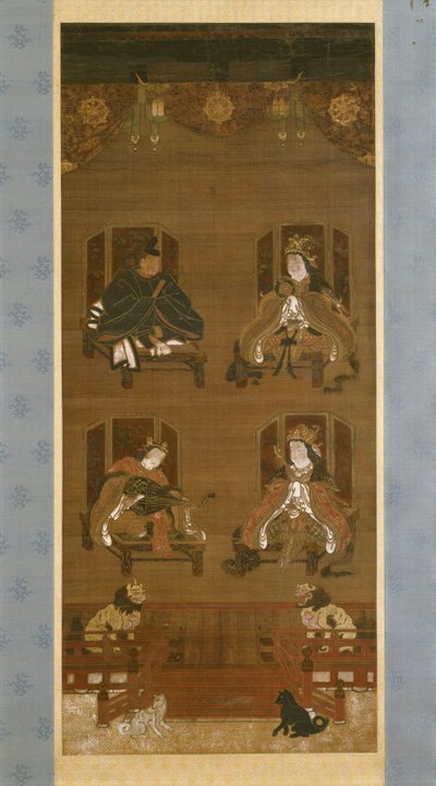 The Four Deities of K?yasan Temple Complex, sent 1300-tal, Nanbokuch? period (1336–92), hängande rulle (bläck, färg och guld på siden) av Japanese School