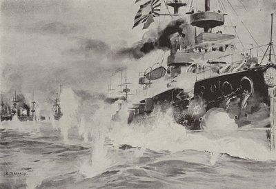 Mikasa kämpar modigt mot den ryska skvadronen utanför Port Arthur den 10 augusti (litho) av Japanese School