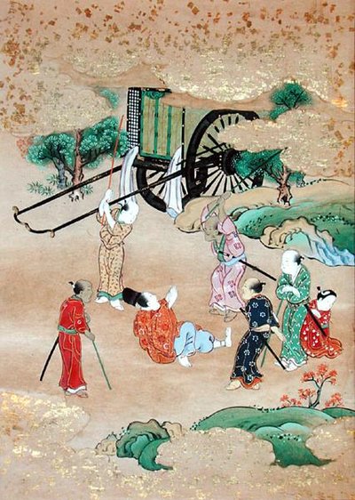 Munken Shogaku (1126-1235) attackeras av brigander (akvarell på papper) av Japanese School