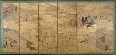 The Tale of Genji, sent 1600-tidigt 1700-tal (bläck med pigment och bladguld på glimmerpapper) (par av 171424) av Japanese School