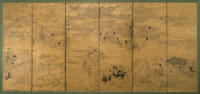The Tale of Genji, sent 1600-tidigt 1700-tal (bläck med pigment och bladguld på glimmerpapper) (par av 171423) av Japanese School