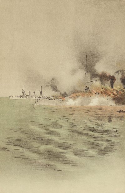 Varyag startade av hennes egen besättning för att förhindra fångst på Chemulpo (Chromolitho) av Japanese School