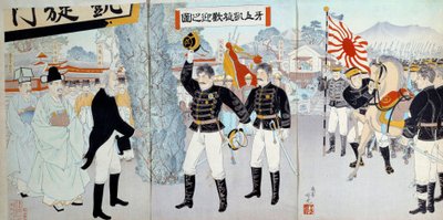 Uppkomsten av det japanska imperiet: representation av det tidigare japanska samhället till vänster baserat på ett födosystem och det nya till höger, vände sig mot utvecklingen av de militära styrkor som skulle leda Japan till krig mot Kina och Ryssland. av Japanese School