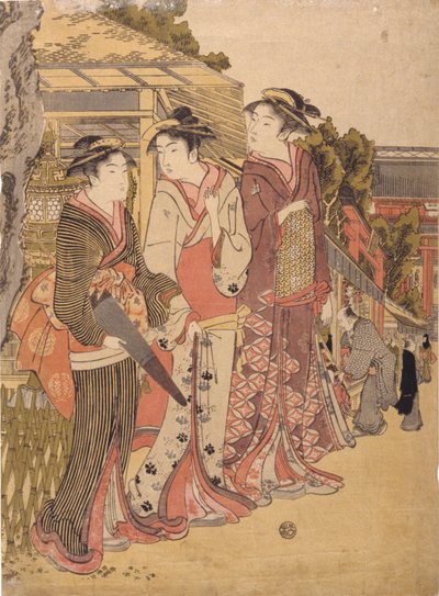 Three Beautys In The Marketplace (trätryck i färg) av Japanese School