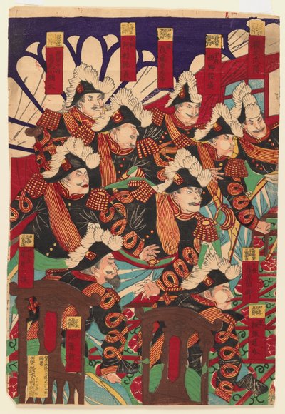 Tre ark av en triptyk, 1868-1912 (träblocktryck) (se även 406926 & 406927) av Japanese School