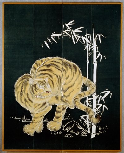 Tiger och bambu, motiv på bomullsduk (byobu) med två dörrar, risstärkelse och indigodoppning med pigment, japansk civilisation, Meiji-Taisho-perioden av Japanese School