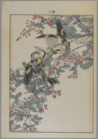 Två fåglar med rosa blommor, Meiji-period, ca 1868-1912 (trätryck i färg) av Japanese School
