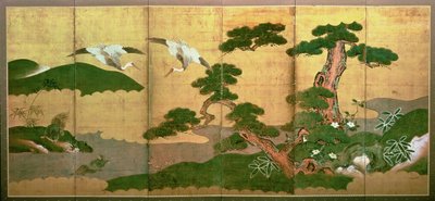Två tranor som dyker bakom tall och stenved, Edo Period av Japanese School
