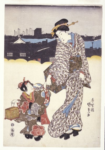 Untitled (A Woman And Child) (träsnitt i färg) av Japanese School