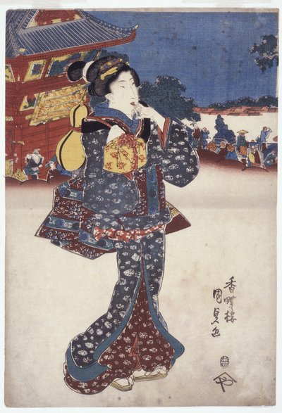 Untitled (A Woman Traveling) (träsnitt i färg) av Japanese School