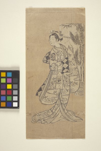 Untitled (Kvinna som står framför träd) (träblock i färg) av Japanese School