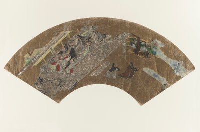 Untitled - Solfjäderformad målning av damer som sitter i en paviljong och spelar ett spel, 1603-1868 av Japanese School