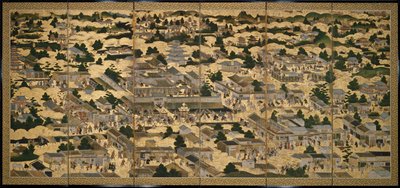 Vyer i och omkring Kyoto (Rakuchu rakugai zu), ca 1616-24 (bläck, färg och bladguld på papper) av Japanese School