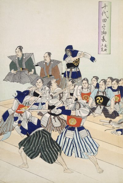 Warlord tittar på samurajer som övar på sitt svärdspel, detaljer som visar lärare och elever tittar på, från ett 1800-talsalbum med träsnitt, färgträblock av Japanese School