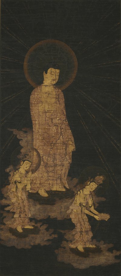 Välkomnande nedstigning av Amida Buddha-triaden (guld och färg på indigofärgat siden) av Japanese School