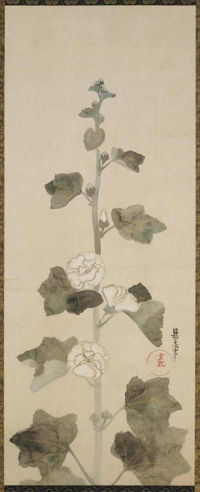 Vita stockrosor, Edo-period, 1615-1868 (bläck, nyans och guld på papper) av Japanese School