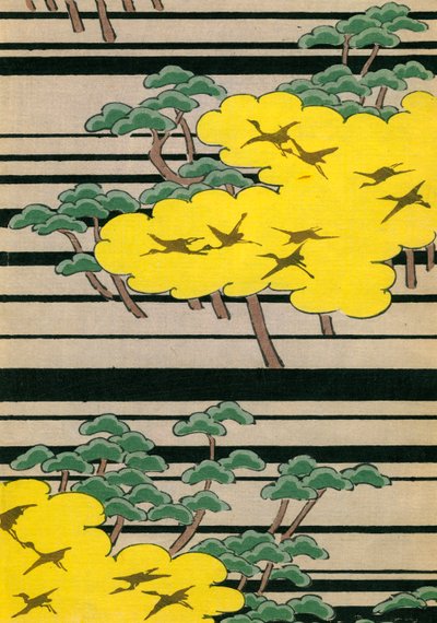 Gula och gröna träd med tranor av Japanese School
