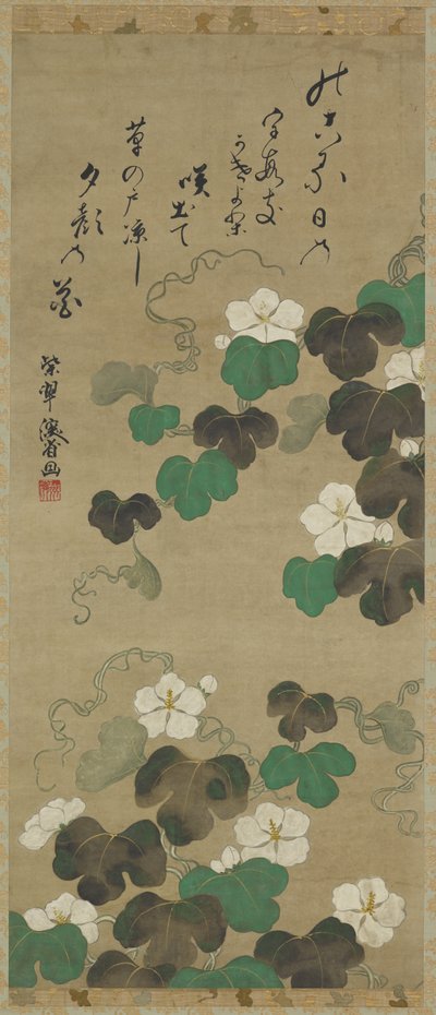 Yugao-rankor och en dikt, Hängande rulle (monterad på panel), 1700-1800-tal (färg på papper) av Japanese School