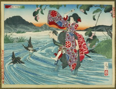 Demonen Omatsu mördar Shirosaburō i Ford av Tsukioka Yoshitoshi