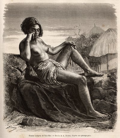 Infödd kvinna från Taio-Hae (eller Taio Hae), i markisernas skärgård, som nonchalant visar sina tatuerade ben, graverar efter en teckning av A.Rixens som illustrerar minnena från Stilla havet, 1872-1874, av A. Pailhes, ett skeppstecken, publicerat i ”Le t av Jean-Andre Rixens