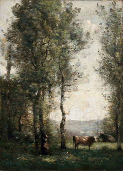 Wooded landscape with cows in a clearing av Jean-Baptiste-Camille Corot