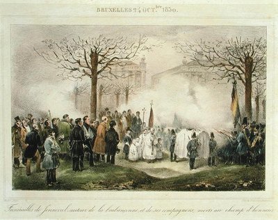 Begravningen av Louis-Alexandre Dechet (Jenneval) (1801-30) och hans följeslagare som dog på hedersfältet, 24 oktober 1830, graverad av Dewasme-Pletinckx av Jean Baptiste (after) Madou