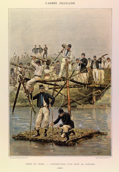 Typer och uniformer av kapten Jules Richards franska armé, illustrerad av Edouard Detaille (1848-1912): Corps de Genie; Byggandet av en faskinbro 1887, Privat samling av Jean-Baptiste Edouard Detaille