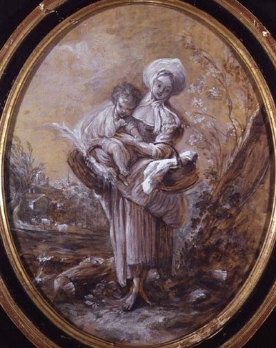 Kvinna med barn i lantlig landskap (teckning) av Jean Baptiste Huet