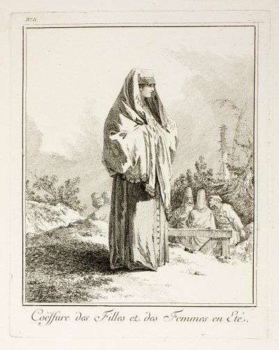Huvudbonad för tjejer och kvinnor på sommaren, tallrik tre från Divers Habillements des Peuples du Nord av Jean-Baptiste Le Prince