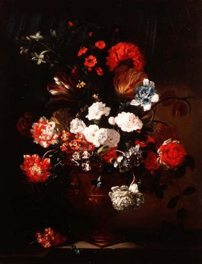 Stilleben av nejlikor, tulpaner, pioner och andra blommor av Jean Baptiste Monnoyer