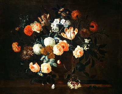 Vas med blommor och insekter (olja på duk) av Jean Baptiste Monnoyer