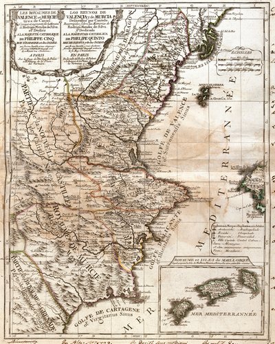 Karta över kungariket Valencia och Murcia (Spanien) (gravyr av Jean Baptiste Nolin