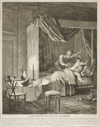 Äventyret med krukan i kammaren, plansch fyra ur Scènes du Roman Comique av Jean-Baptiste Oudry