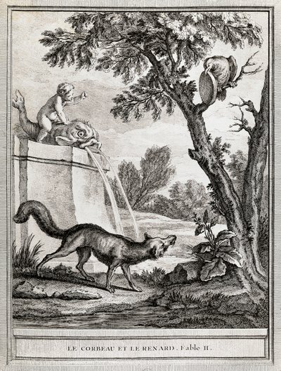 Kråkan och räven, illustration av Jean-Baptiste Oudry (1686-1755) till fabel av Jean de La Fontaine (1621-1695) av Jean Baptiste Oudry
