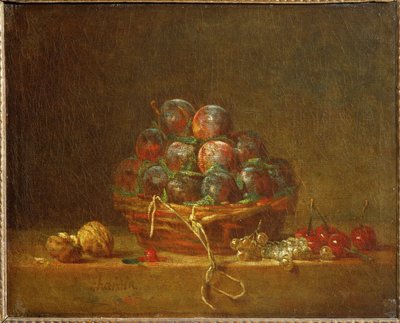 En korg med plommon, nötter, vinbär och körsbär (målning på duk) av Jean-Baptiste Simeon Chardin