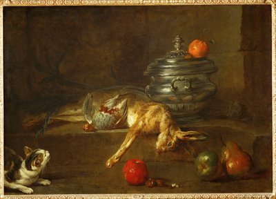 Katt som tittar på en död rapphöna och en död hare, kastade bredvid en oljekanna (målning på duk) av Jean-Baptiste Simeon Chardin