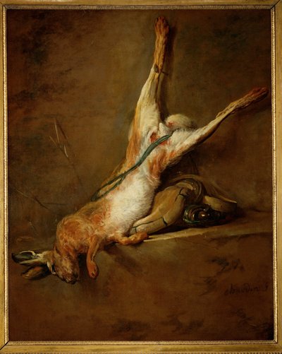 Toter Hase mit Pulverhorn und Jagdtasche von Jean-Baptiste Simeon Chardin