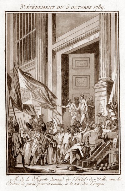 Französische Revolution - La Fayette verlässt das Pariser Rathaus, um nach Versailles zu gehen, 5. Oktober von Jean Francois Janinet