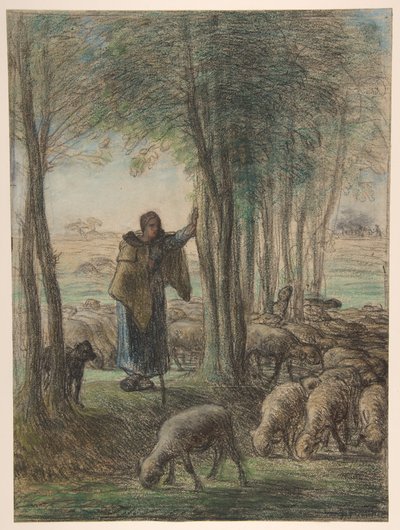 En herdinna och hennes flock i trädens skugga av Jean-Francois Millet
