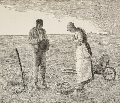 Angelus, ett par bönder i fält, gravyr från målning av Jean-Francois Millet (1814-1875), fransk målare, från L