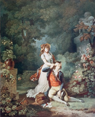 The Lover Surprised, graverad av Charles Melchior Descourtis (1753-1820) (färgstick) av Jean Frederic (after) Schall