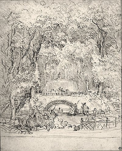 Kaskad i en trädgård (krita på papper) av Jean Honore Fragonard