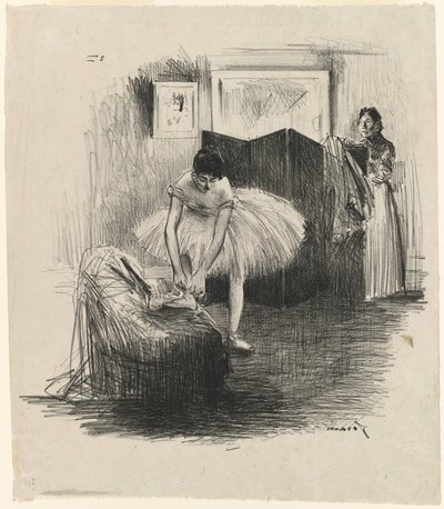 Dansös som knyter sin balettsko av Jean-Louis Forain