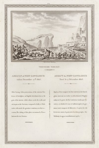 Infångande av fortet Gawilghur av britterna under befäl av Arthur Wellesley, andra Anglo-Marashtra kriget, Indien av Jean (after) Duplessi-Bertaux