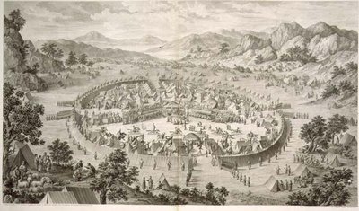 Tchao-Hoei ockuperar sina trupper med övningar och militära spel 1758, plåt 5 från en serie tryck som representerar erövringarna av Qianlong, kejsaren av Kina, graverad av Pierre Philippe Choffard (1730-1809) 1772 (gravyr) av Jean (d.1781) (after) Damascene