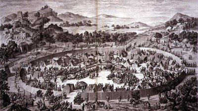 Tchao-Hoei i sitt läger nedanför Yerechims murar tar emot hyllningen av invånarna i staden och provinsen i juli 1759, plåt 4 från serien av tryck som representerar erövringarna av Qianlong, Kinas kejsare, graverad av Pierre Philippe Cho av Jean (d.1781) (after) Damascene